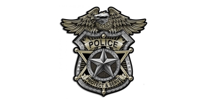 Silver and gold police badge with eagle at the top with the words police, protect and serve in all caps on a white background